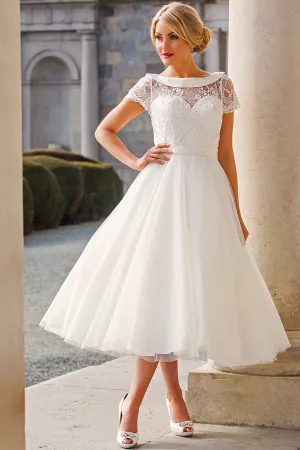 Tea-Length A-Line Cap Sleeve Beaded Bateau Neck Tulle Wedding Dress-MK_705906
