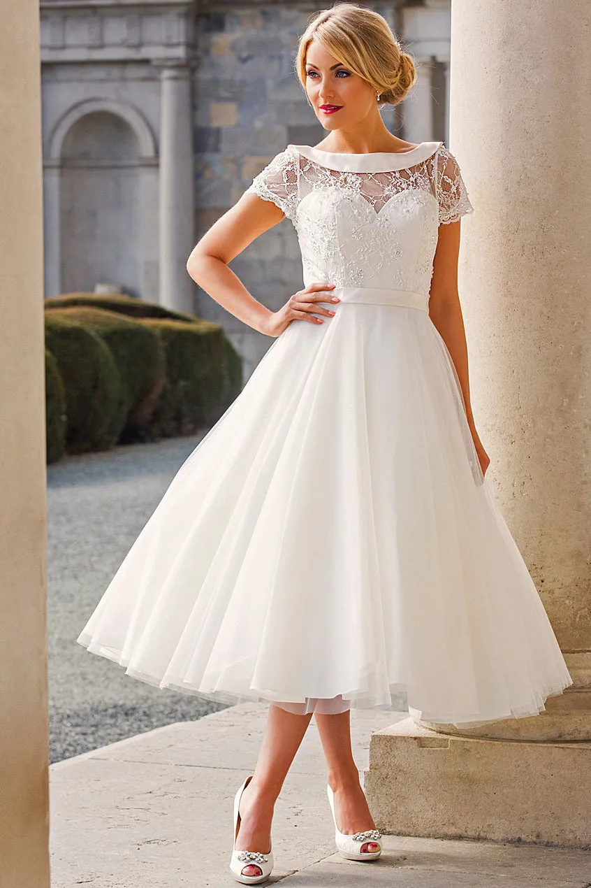 Tea-Length A-Line Cap Sleeve Beaded Bateau Neck Tulle Wedding Dress-MK_705906