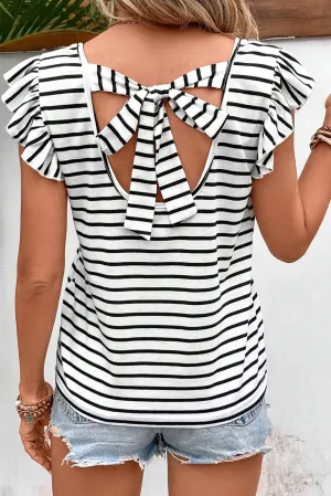 Terry Tied Striped V-Neck Cap Sleeve T-Shirt