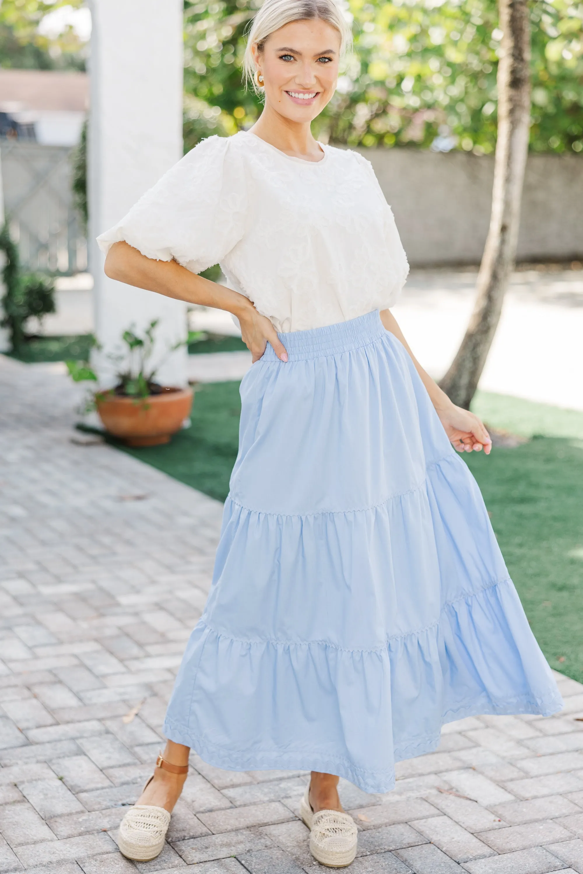 To Know You Light Blue Rickrack Midi Skirt