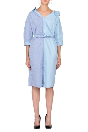 TWO PEARS-Half Sleeve Contrast Belted Draped Shirt Dress
