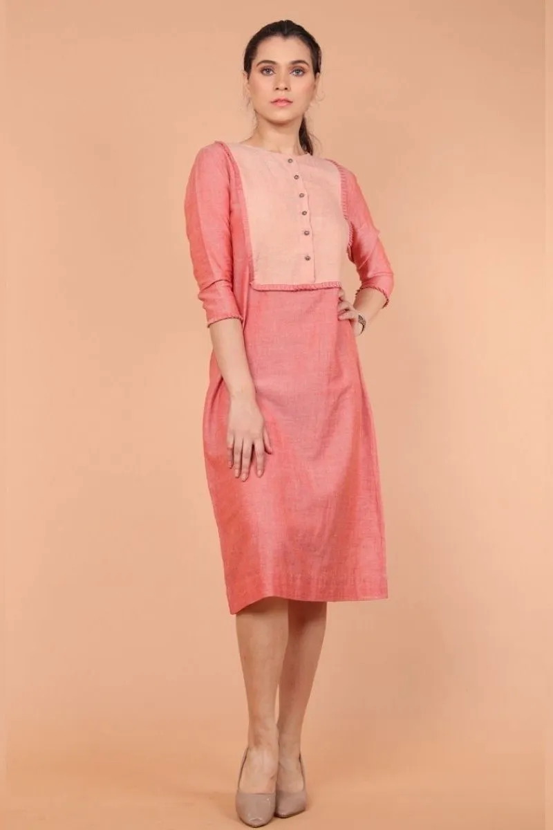 Two Tone Shift Dress in Coral Handloom Cotton