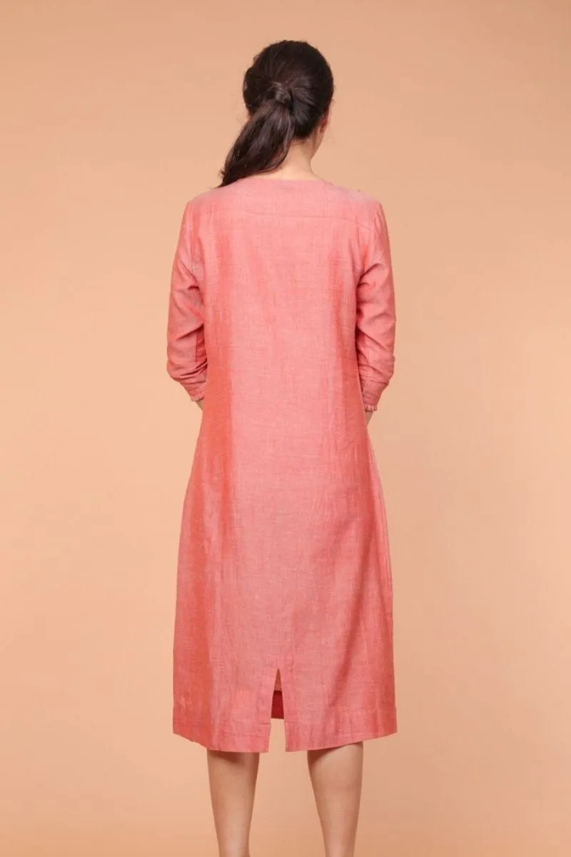 Two Tone Shift Dress in Coral Handloom Cotton