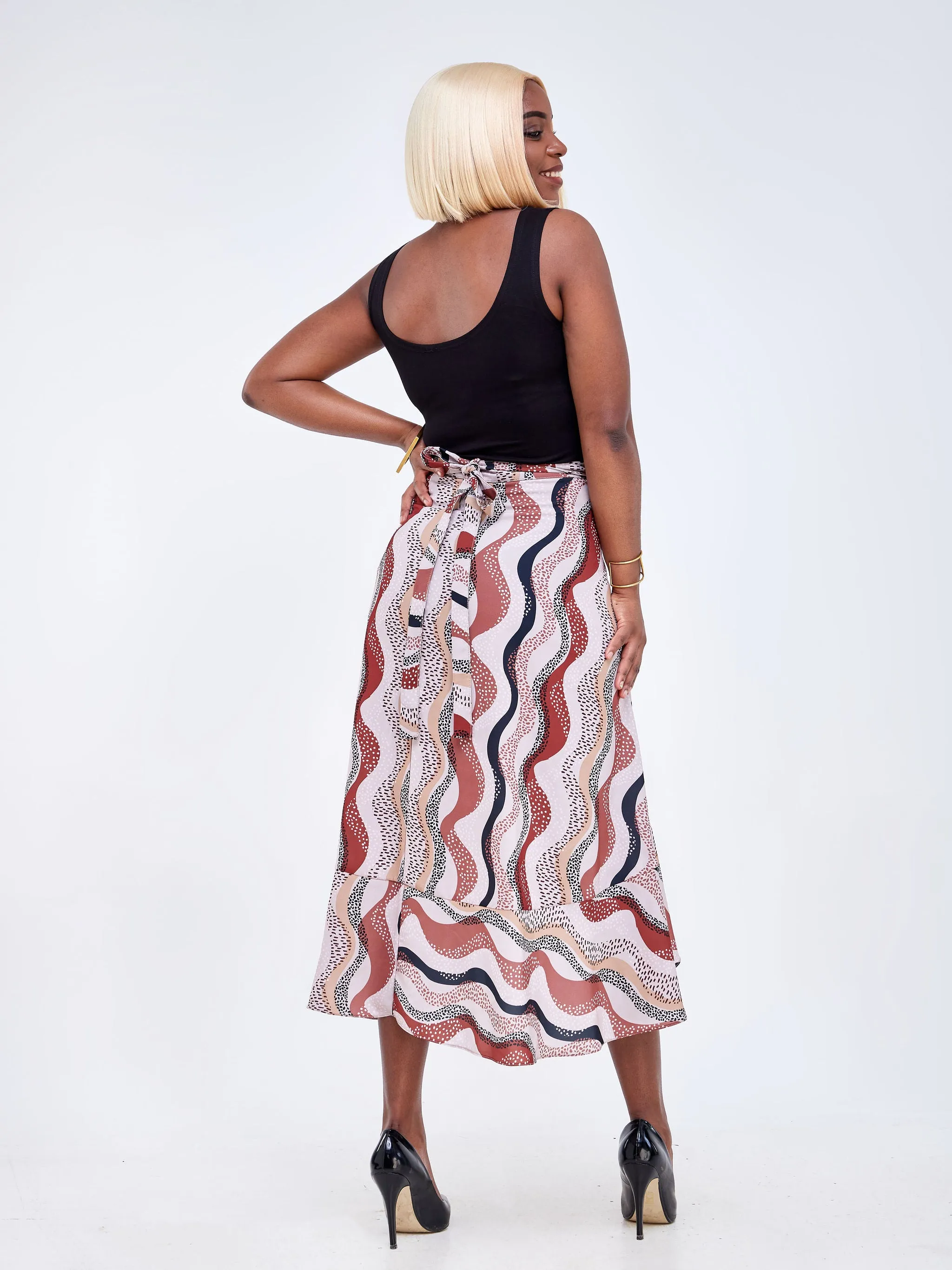 Vivo Luna Tiered Wrap Skirt - Brown / Black Abstract Print
