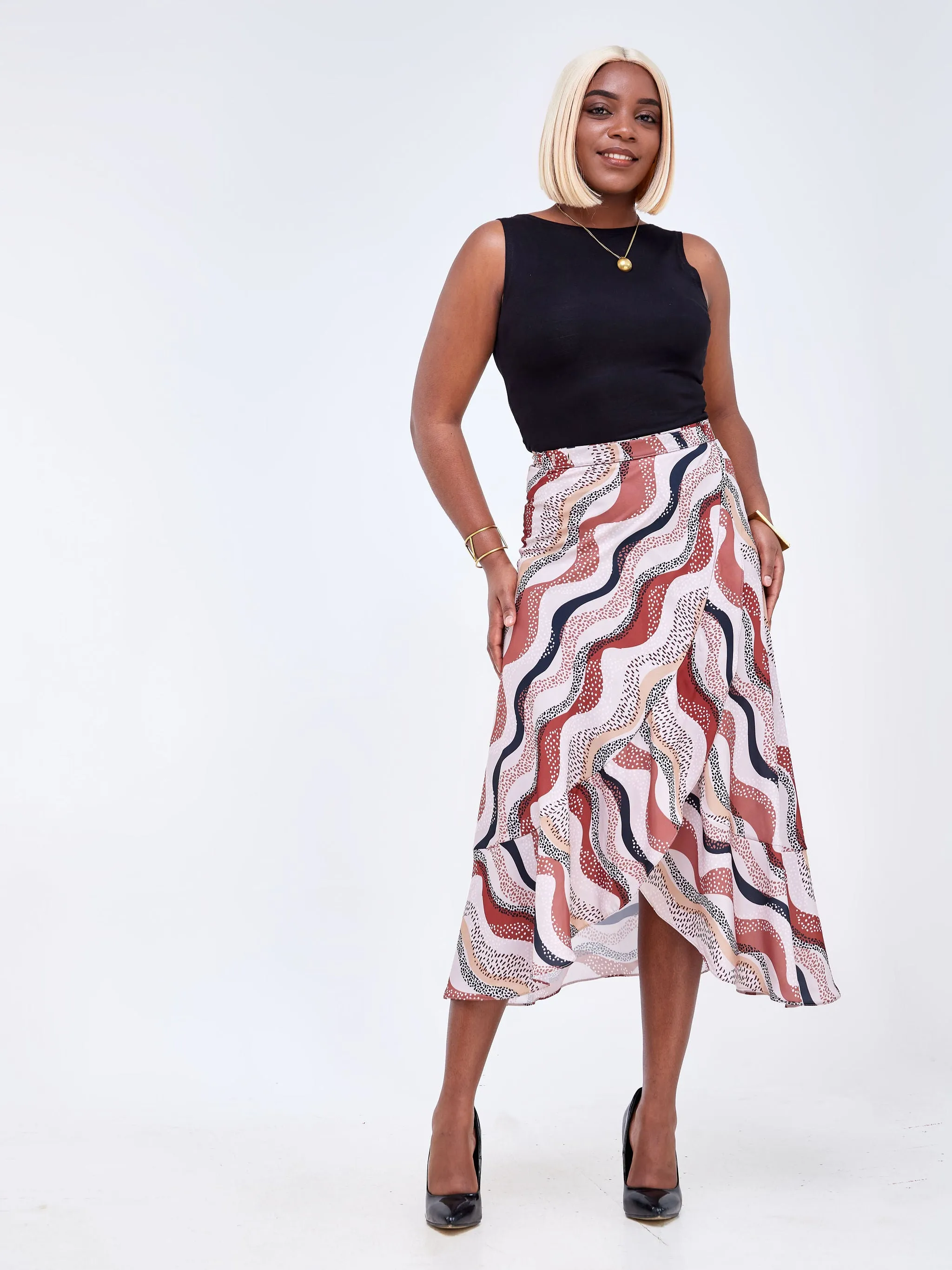 Vivo Luna Tiered Wrap Skirt - Brown / Black Abstract Print