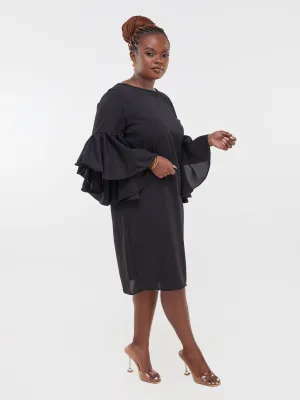 Vivo Thando Flounce Sleeve Shift Dress - Black