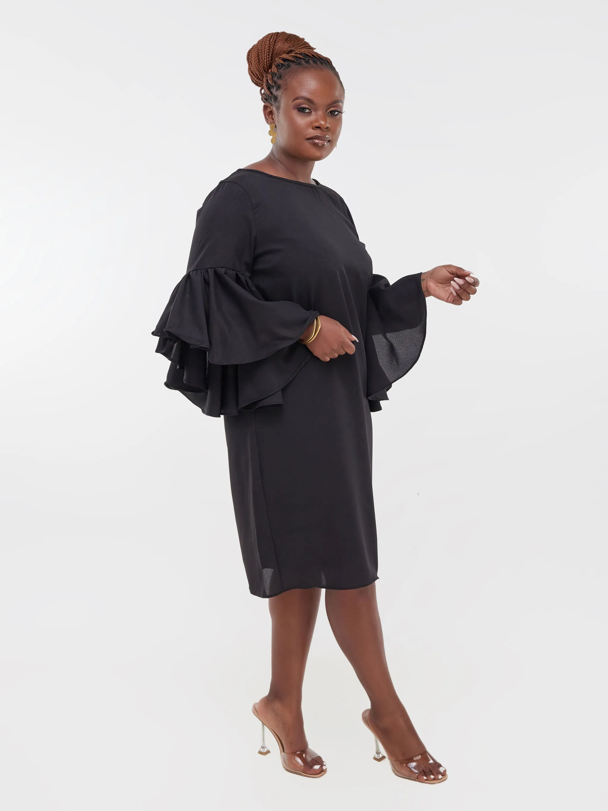 Vivo Thando Flounce Sleeve Shift Dress - Black
