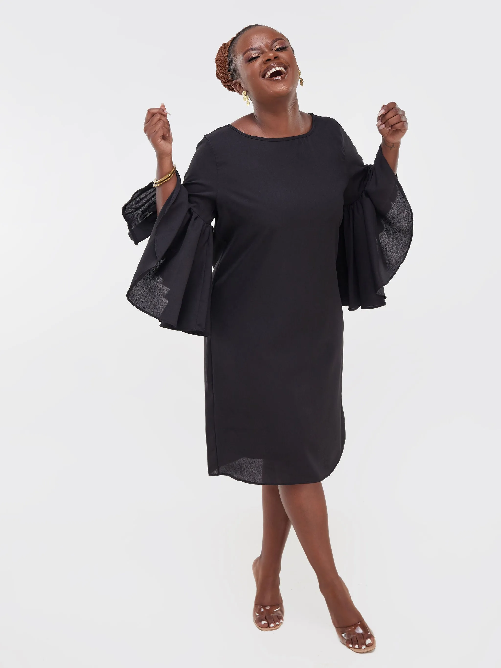 Vivo Thando Flounce Sleeve Shift Dress - Black