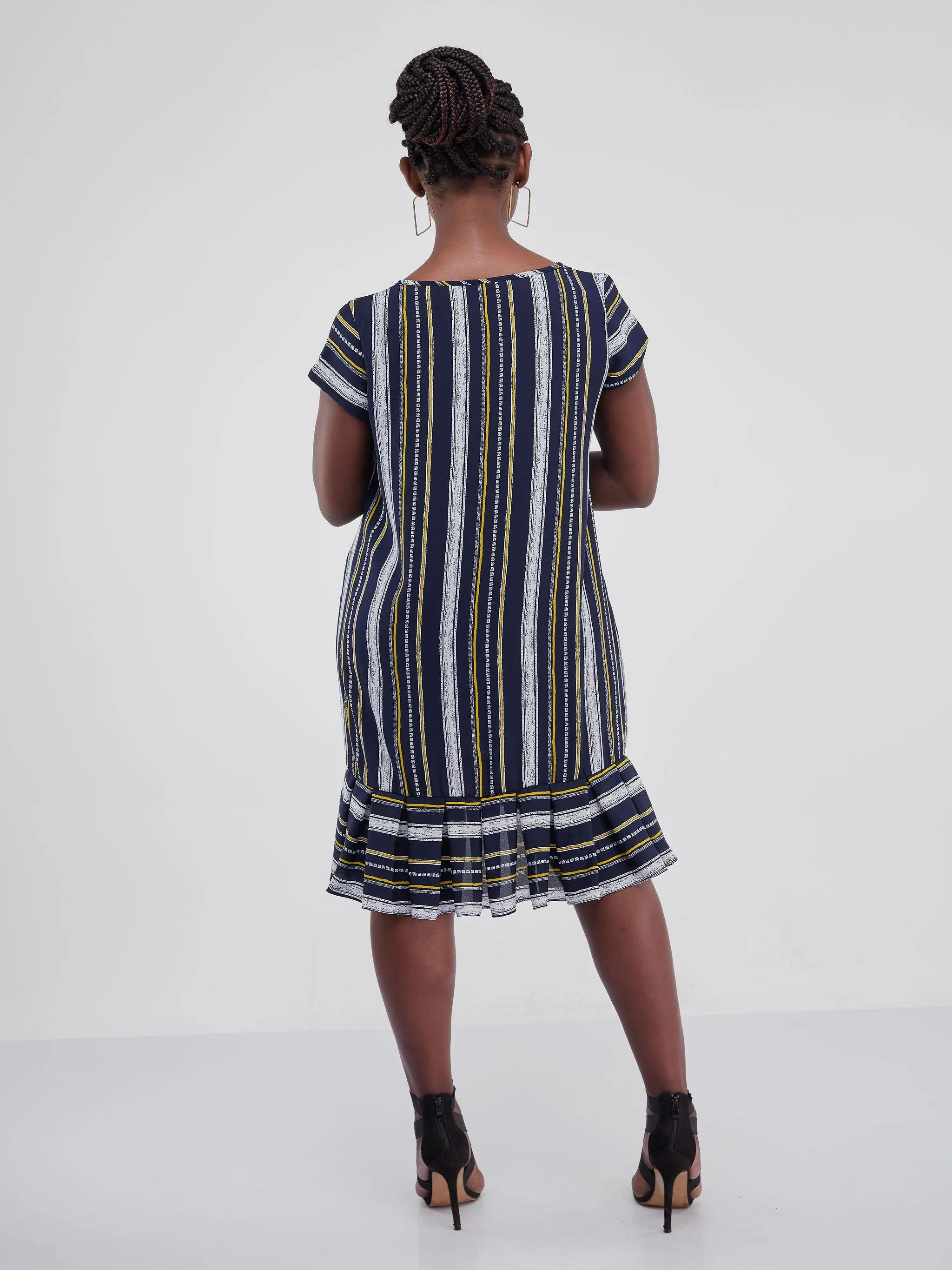 Vivo Zawadi Inverted Pleat Dress - Navy Blue / Yellow Stripes Print