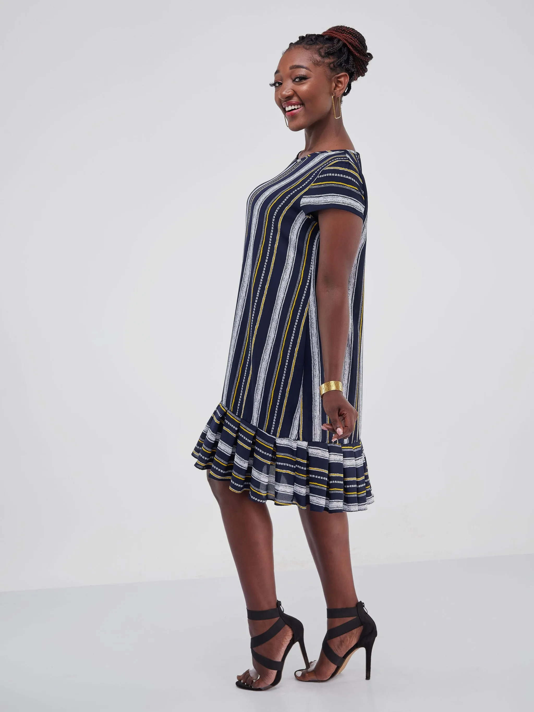 Vivo Zawadi Inverted Pleat Dress - Navy Blue / Yellow Stripes Print