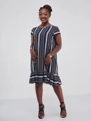 Vivo Zawadi Inverted Pleat Dress - Navy Blue / Yellow Stripes Print