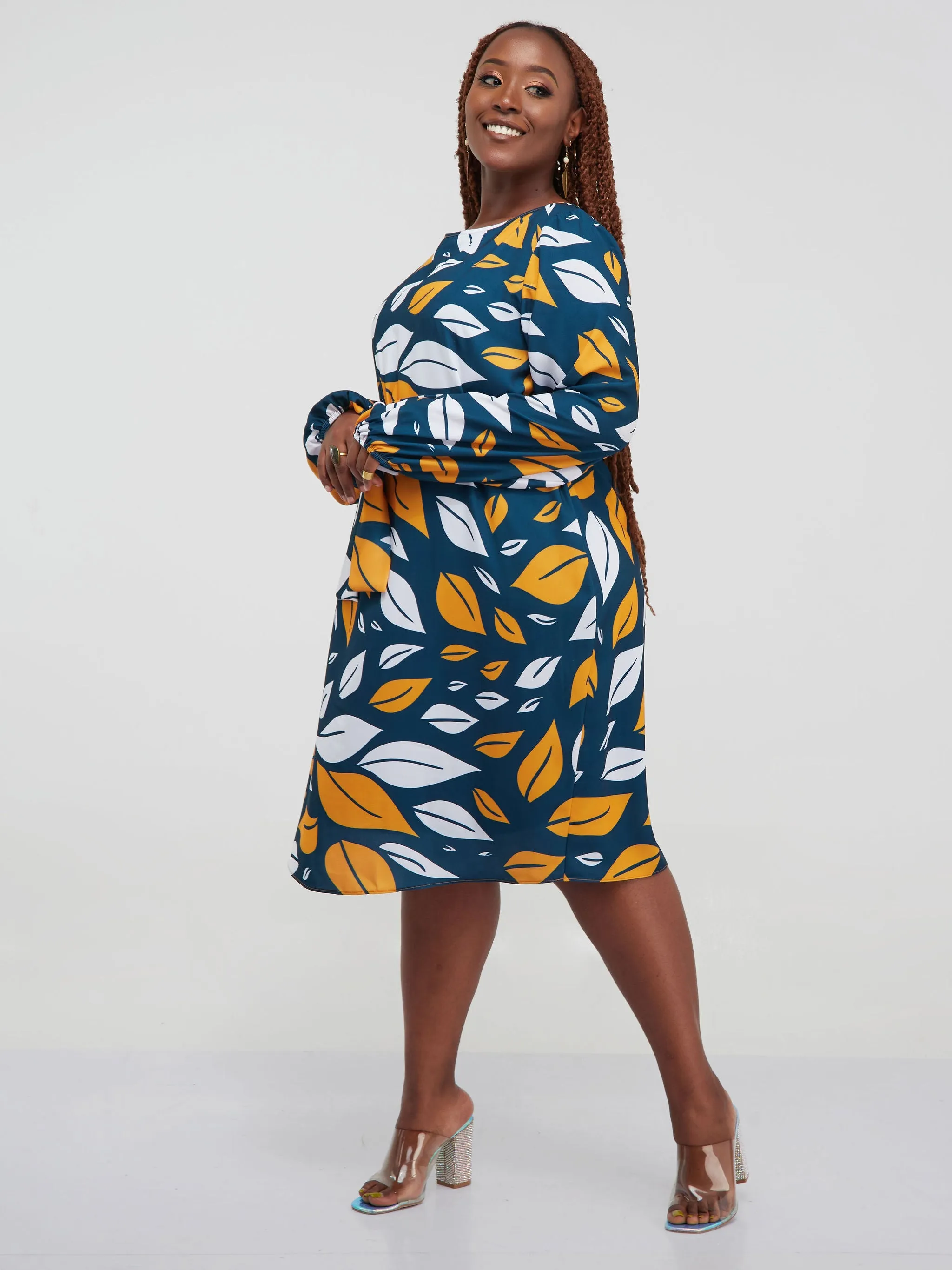 Vivo Zawadi Shift Dress - Mustard / Teal Print