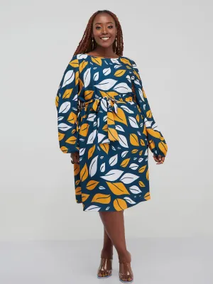 Vivo Zawadi Shift Dress - Mustard / Teal Print