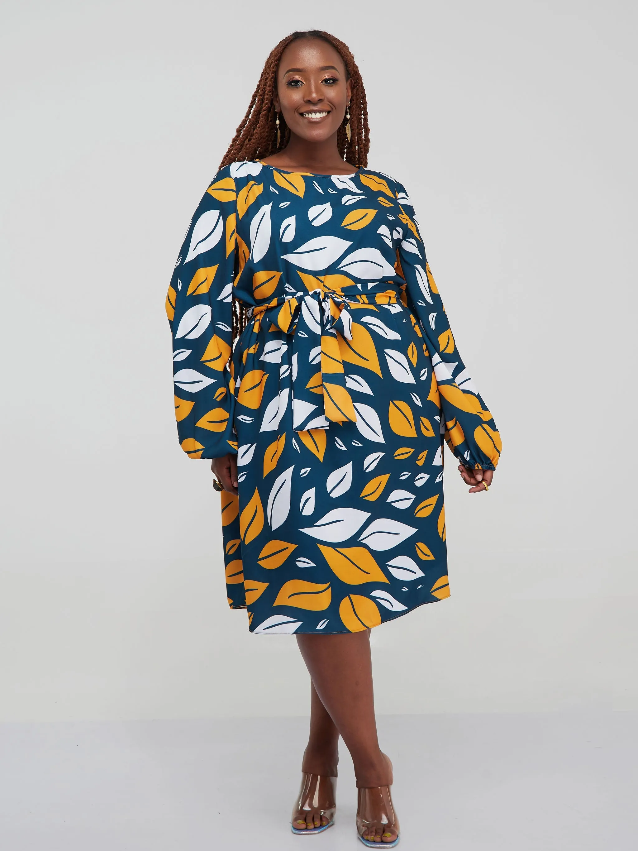 Vivo Zawadi Shift Dress - Mustard / Teal Print