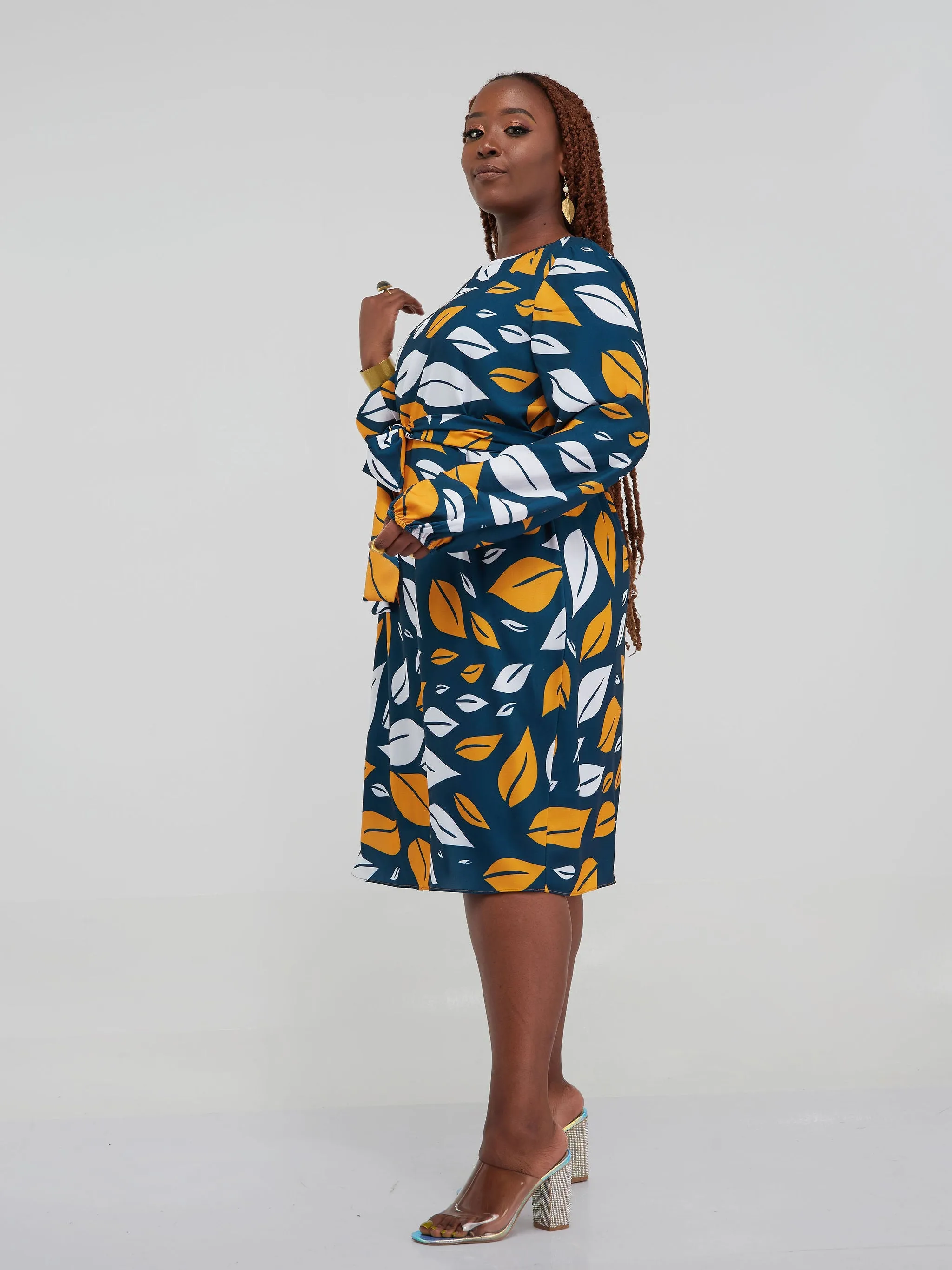 Vivo Zawadi Shift Dress - Mustard / Teal Print