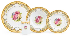 White and Gold Dinnerware Set - Roses 4 Piece Vintage Porcelain Tableware Setting for 1 with Mug for Every Day Use or Formal Occasions