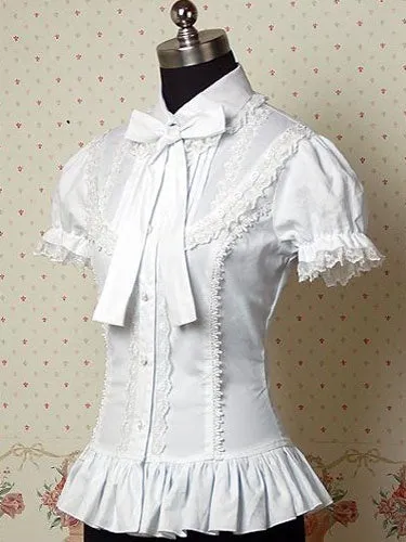 White Ruffles Bows Cotton Lolita Blouse for Women