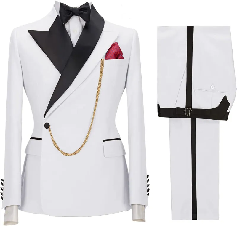 White Two Pieces Peaked Lapel Business Suits Blazer Pants Wedding Groom Suits Tuxedos