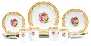 White with Gold Dinnerware Set - Roses 16 Piece Vintage Porcelain Tableware Setting for 4 for Every Day Use or Formal Occasions