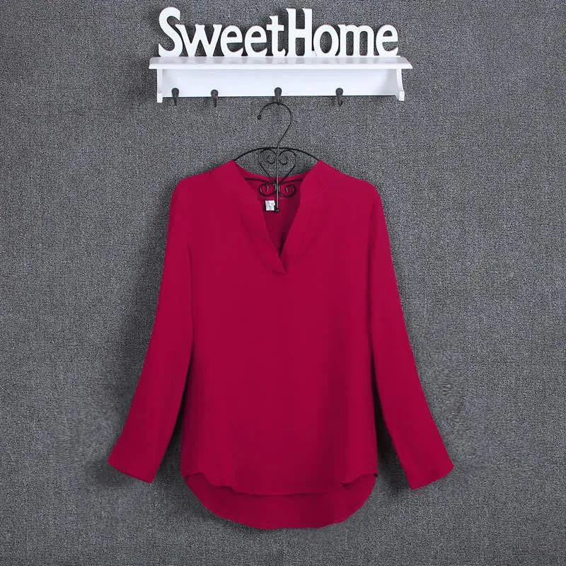 Women Blouses 4XL 5XL Plus Size Fashion Chiffon Blouse Shirts Women's tops Soild Long Sleeve Casual V-Neck