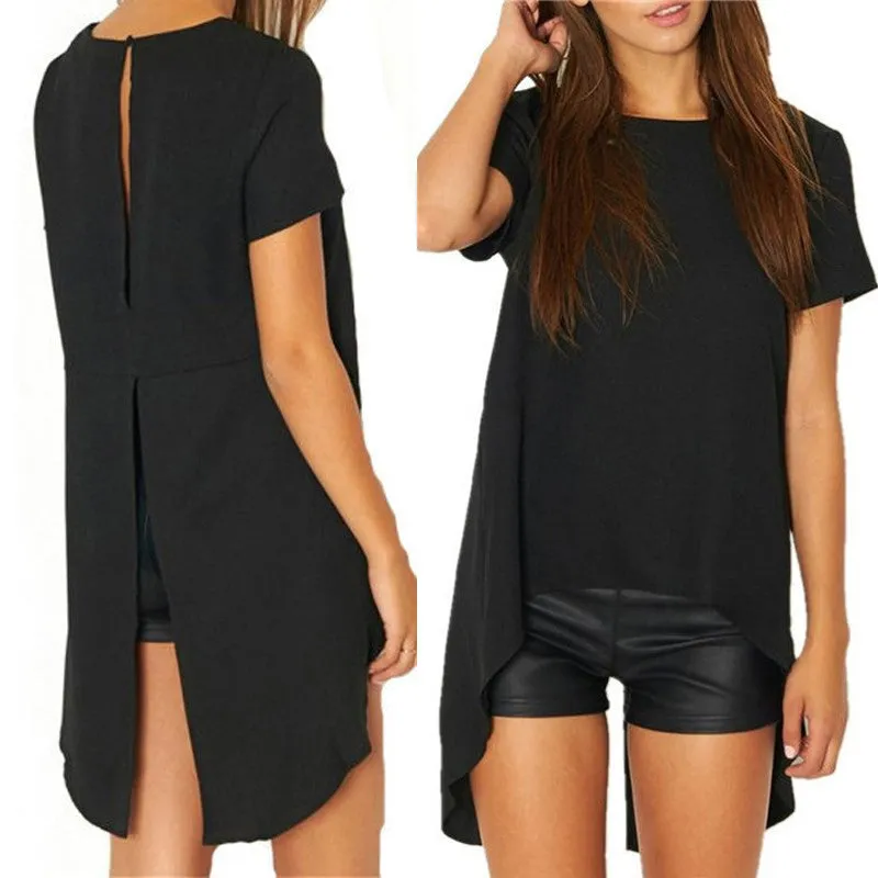Women Blouses Chiffon Split Backless Short Sleeve Casual Blouse Loose Irregular Hem Tops Plus Size