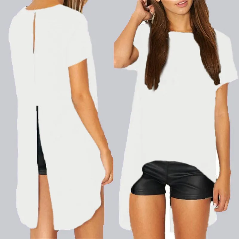 Women Blouses Chiffon Split Backless Short Sleeve Casual Blouse Loose Irregular Hem Tops Plus Size
