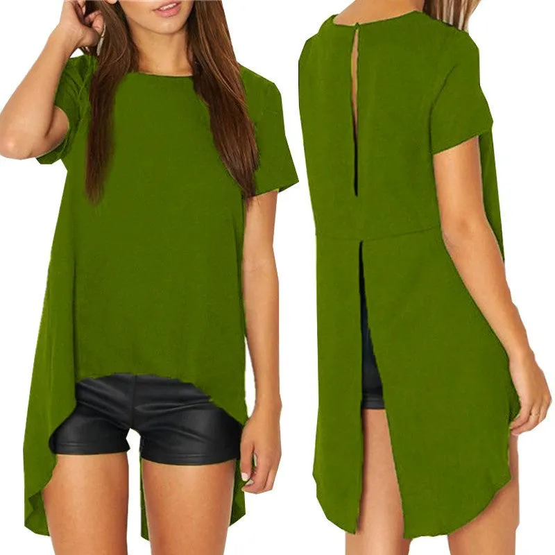 Women Blouses Chiffon Split Backless Short Sleeve Casual Blouse Loose Irregular Hem Tops Plus Size