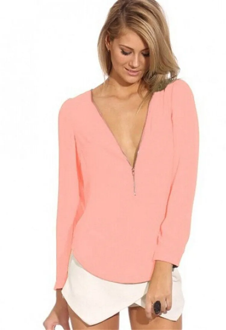 Women Blouses Zip Shirt Casual Long Sleeve V-neck Solid Color Chiffon Blouse Female Blouse