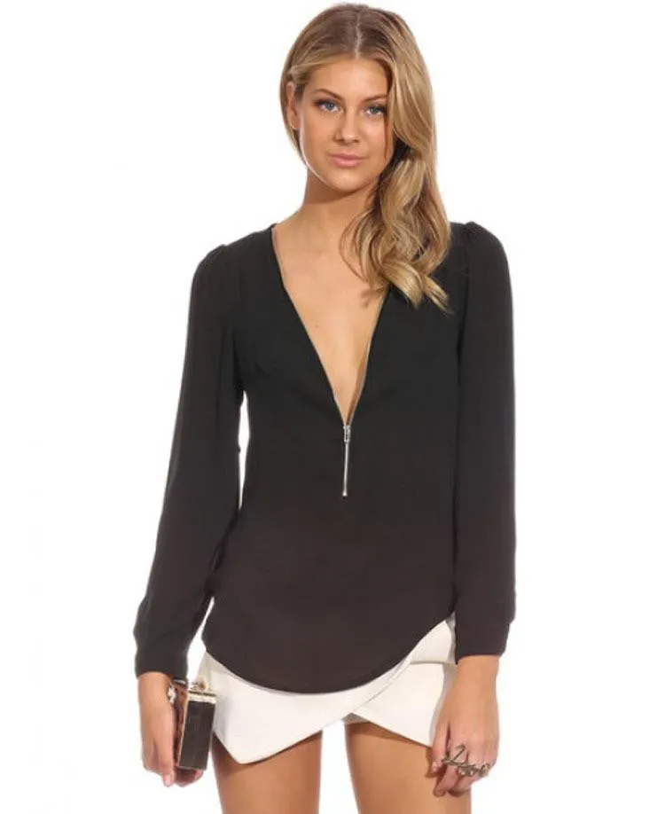 Women Blouses Zip Shirt Casual Long Sleeve V-neck Solid Color Chiffon Blouse Female Blouse