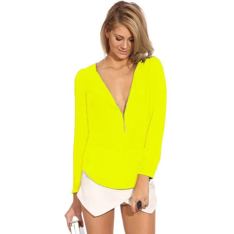Women Blouses Zip Shirt Casual Long Sleeve V-neck Solid Color Chiffon Blouse Female Blouse