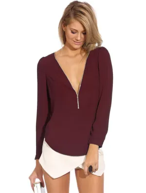 Women Blouses Zip Shirt Casual Long Sleeve V-neck Solid Color Chiffon Blouse Female Blouse