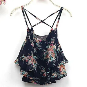 Women Clothing Spaghetti Strap Floral Print Chiffon Shirt Vest Blouses Crop Top
