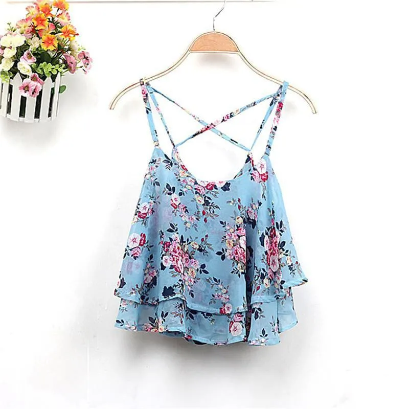 Women Clothing Spaghetti Strap Floral Print Chiffon Shirt Vest Blouses Crop Top