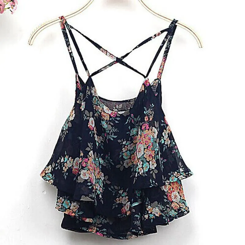 Women Clothing Spaghetti Strap Floral Print Chiffon Shirt Vest Blouses Crop Top
