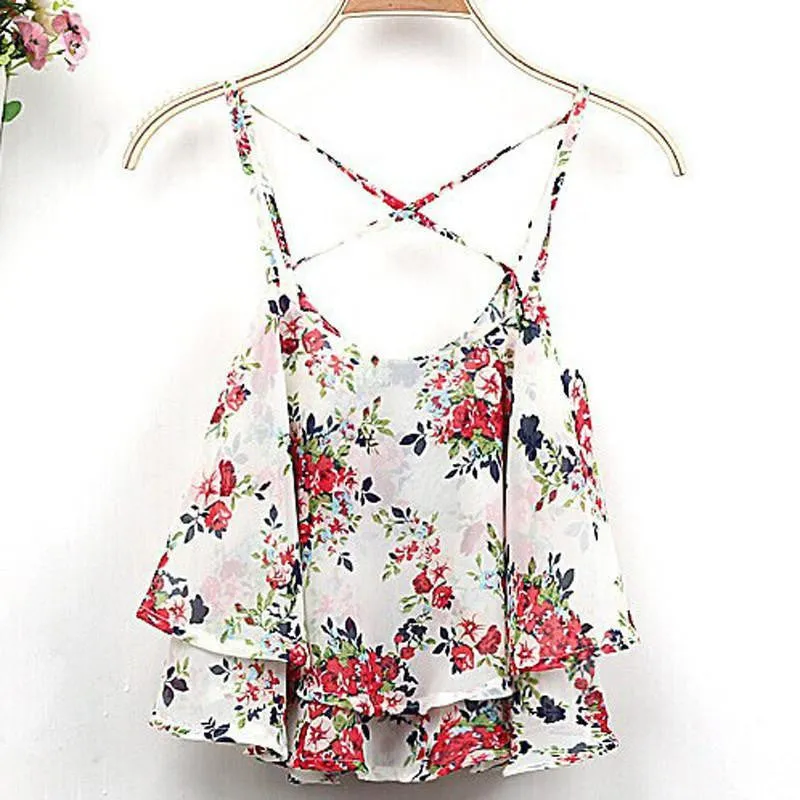 Women Clothing Spaghetti Strap Floral Print Chiffon Shirt Vest Blouses Crop Top