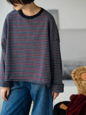 Women Spring 100%Cotton O-Neck Stripe Shirt