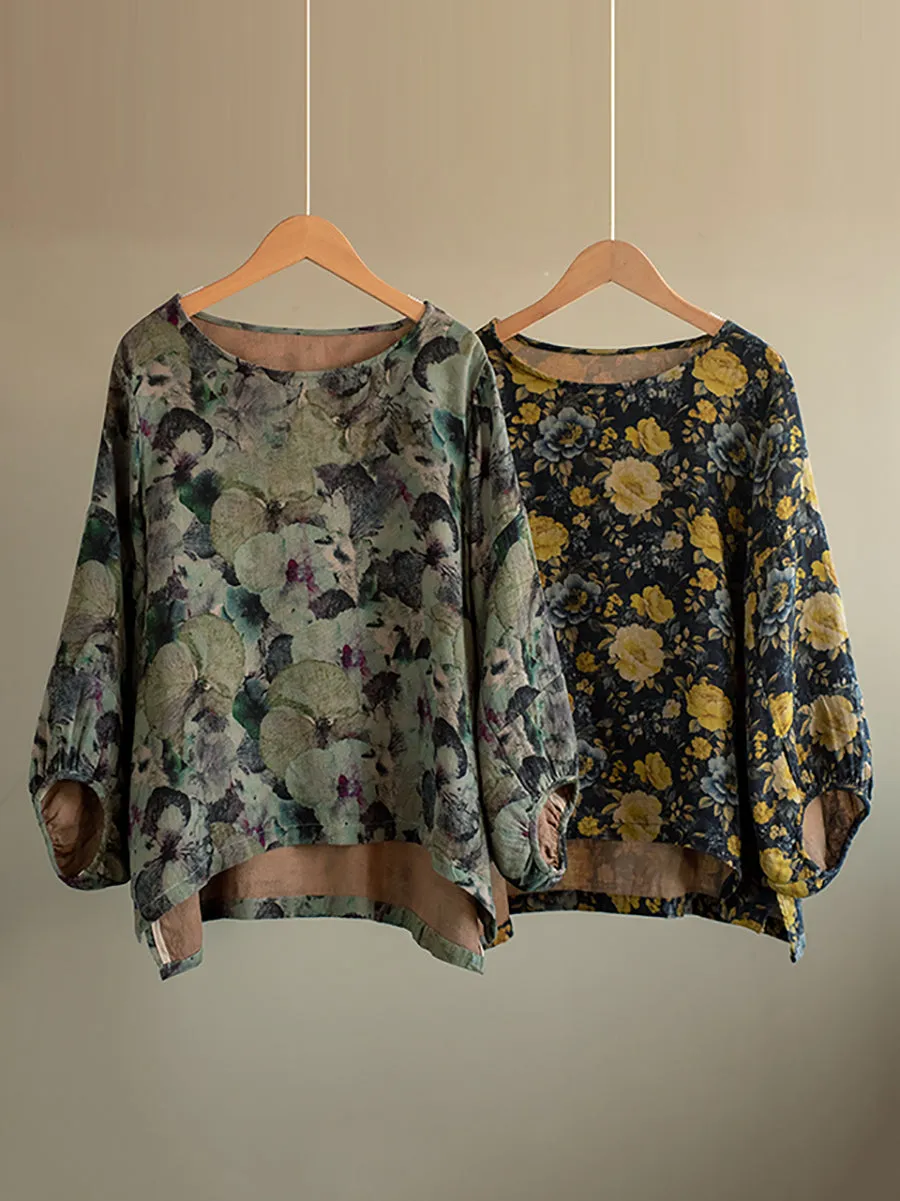 Women Spring Artsy Flower O-Neck Cotton Linen Shirt