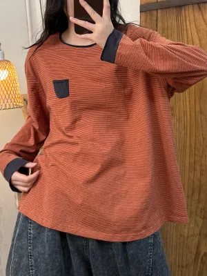 Women Spring Casual Cotton Stripe O-Neck Shirt