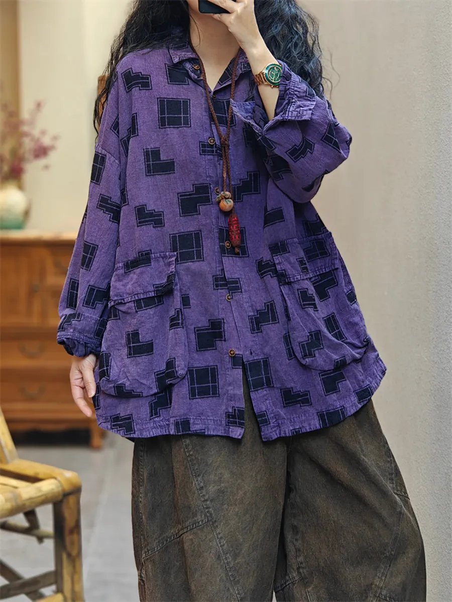Women Spring Vintage Irregular Geometric Print Cotton Shirt