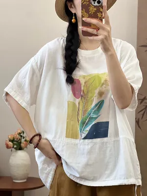 Women Summer Cotton Summer Feather Print Shirt