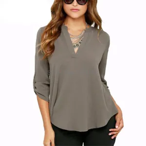 Women Tops And Blouses Fashion Lady Long Sleeve V-Neck Shirt Women Chiffon Blouse