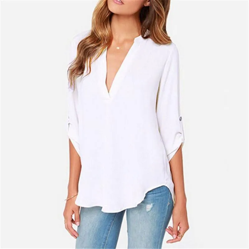 Women Tops And Blouses Fashion Lady Long Sleeve V-Neck Shirt Women Chiffon Blouse