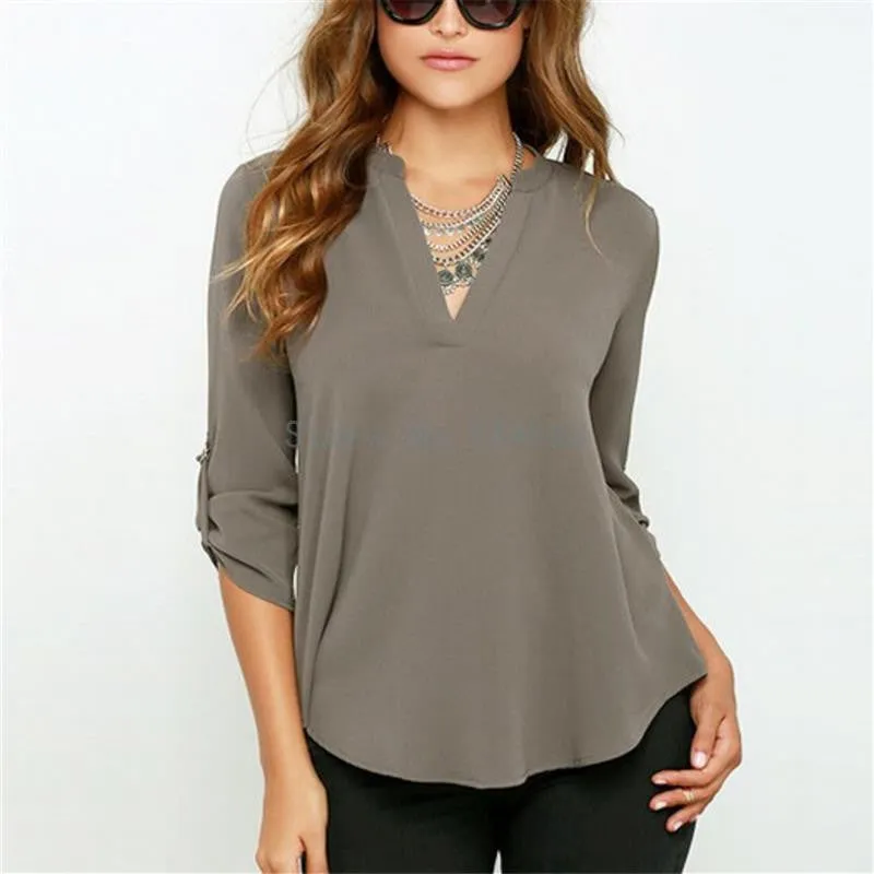 Women Tops And Blouses Fashion Lady Long Sleeve V-Neck Shirt Women Chiffon Blouse