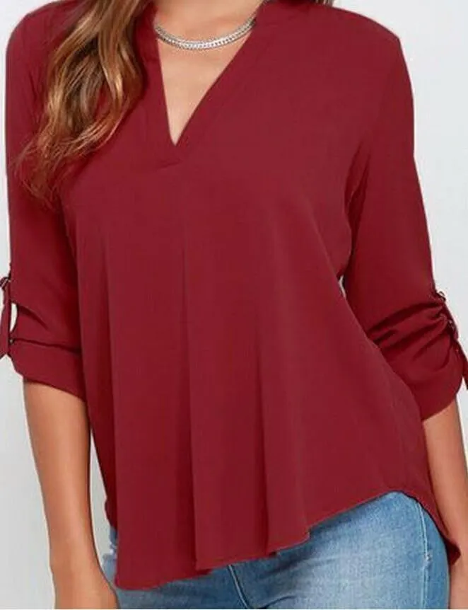 Women Tops And Blouses Fashion Lady Long Sleeve V-Neck Shirt Women Chiffon Blouse