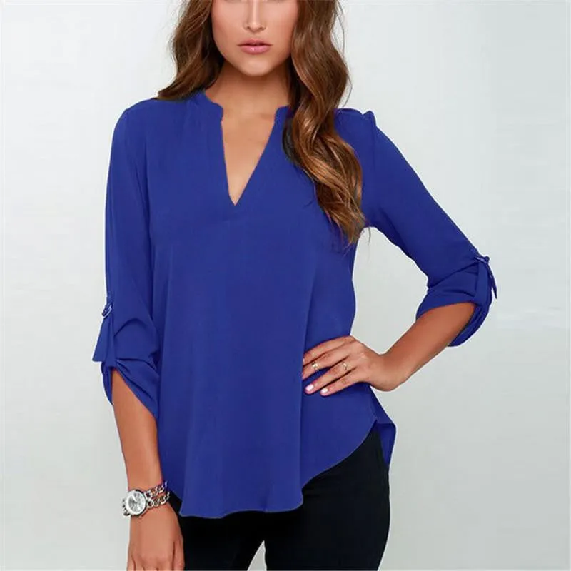 Women Tops And Blouses Fashion Lady Long Sleeve V-Neck Shirt Women Chiffon Blouse