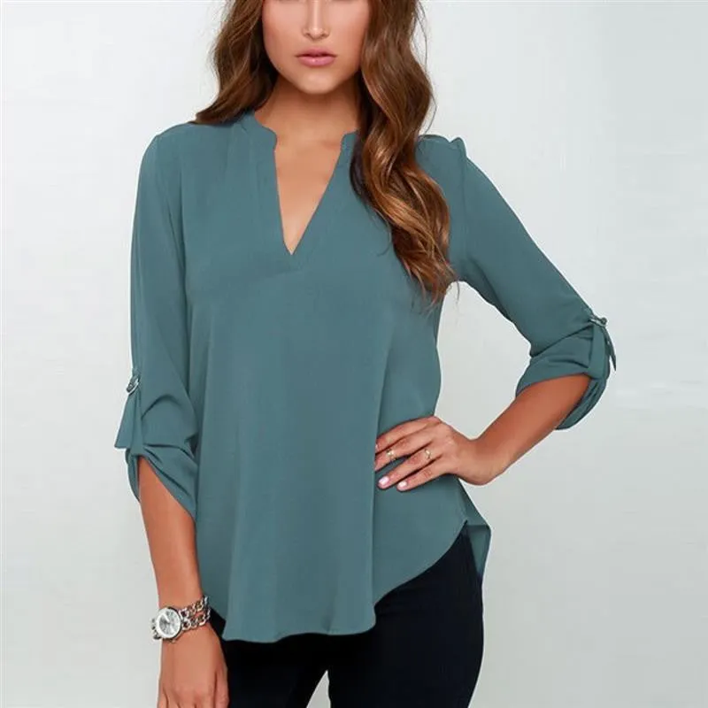 Women Tops And Blouses Fashion Lady Long Sleeve V-Neck Shirt Women Chiffon Blouse