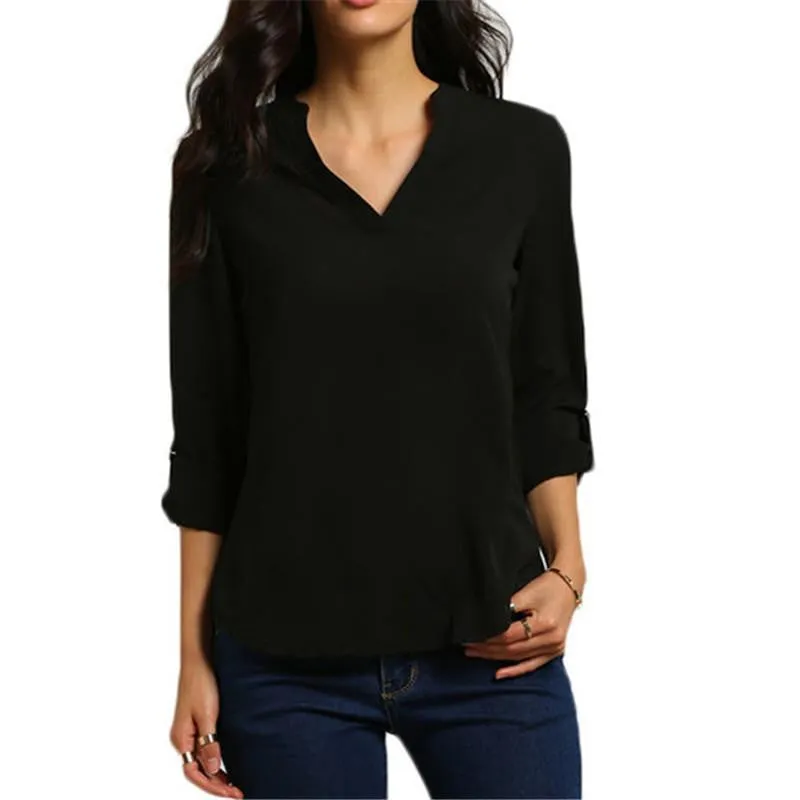Women Tops And Blouses Fashion Lady Long Sleeve V-Neck Shirt Women Chiffon Blouse