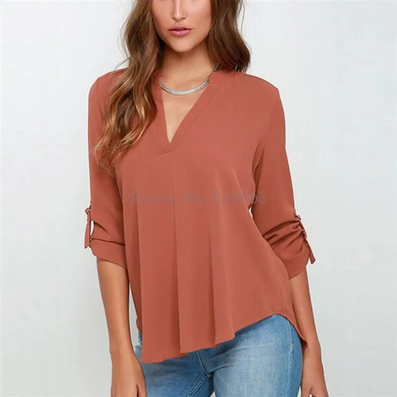 Women Tops And Blouses Fashion Lady Long Sleeve V-Neck Shirt Women Chiffon Blouse