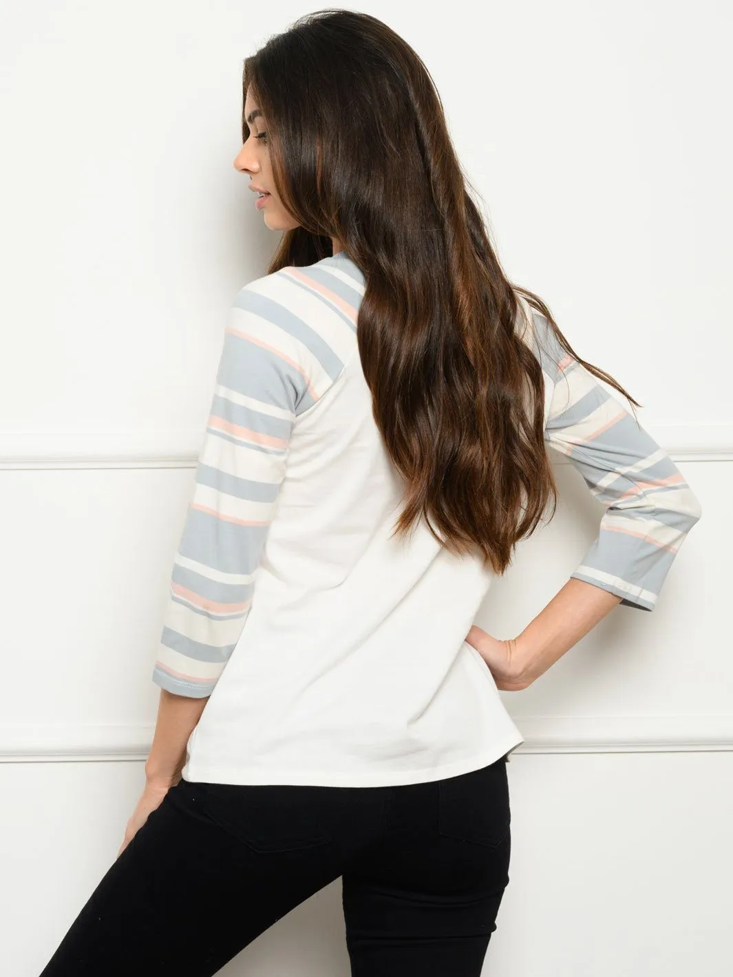 WOMEN'S 3/4 STRIPE SLEEVES CONTRAST TOP