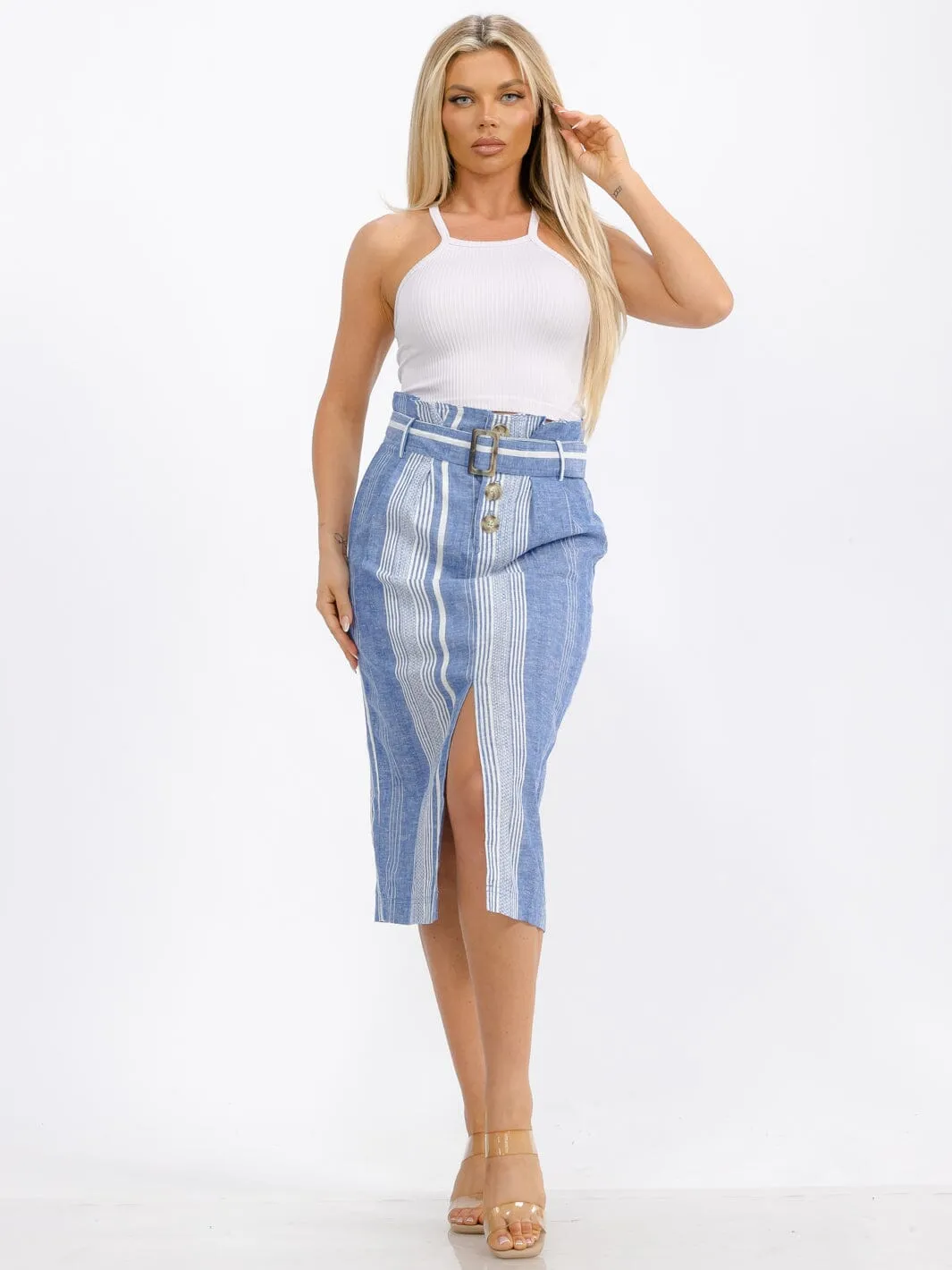 WOMEN'S BUTTON CLOSURE FRONT BELT TWO TONE SLIT MIDI SKIRT